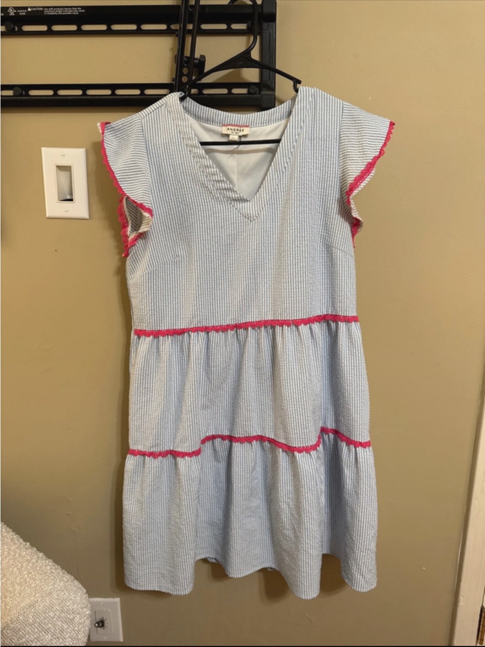 Blue Seersucker Dress with Pink Trim
